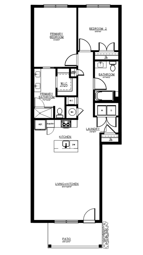 Floor plan for 2 beds, 2 baths, 1197 sqft